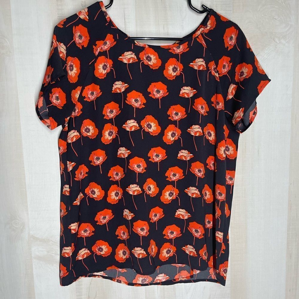 CABi navy and orange‎ floral short sleeve top, size small